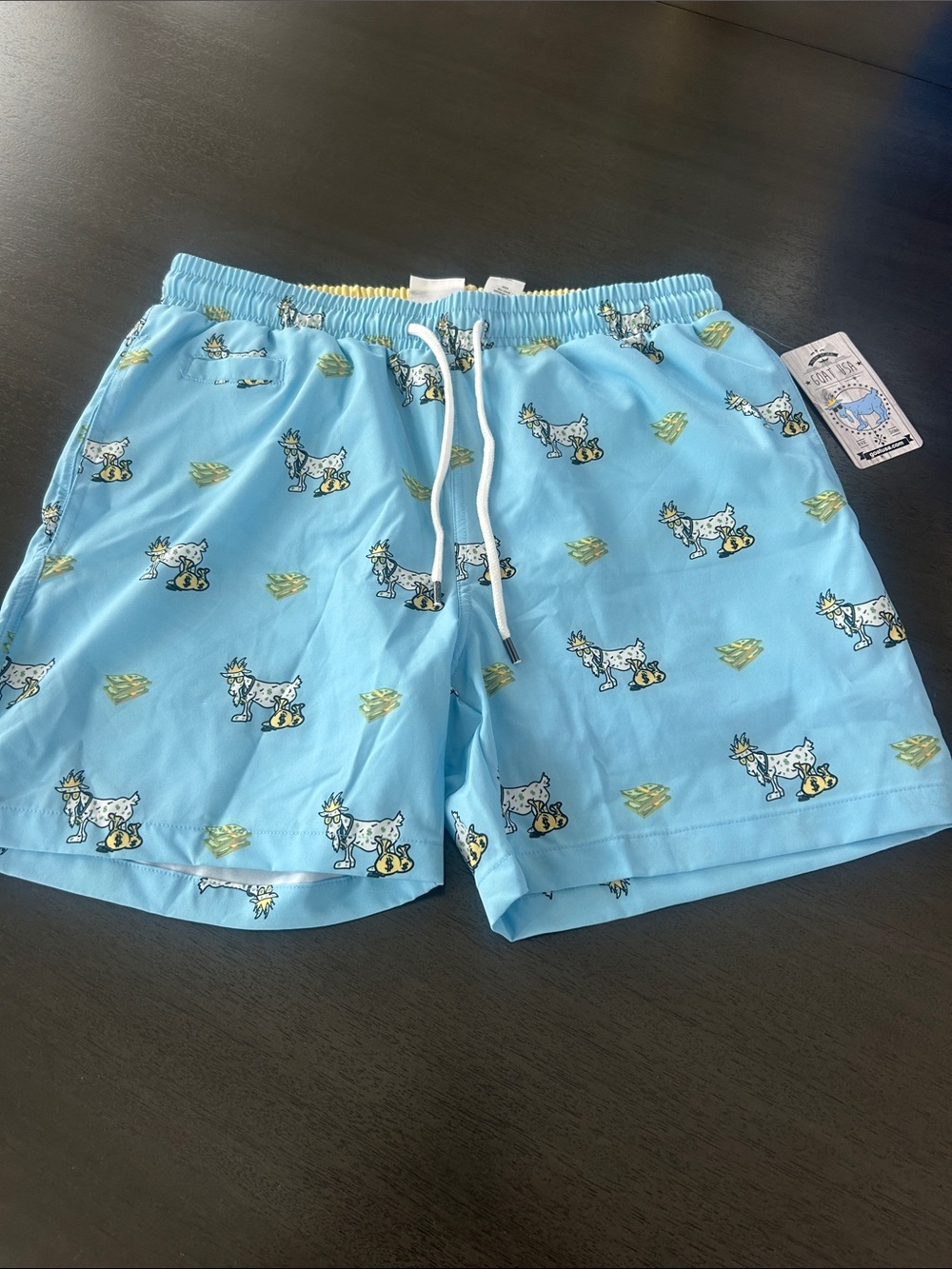 Men's Light Blue Athletic Swim Shorts with Playful Goat USA cash print
